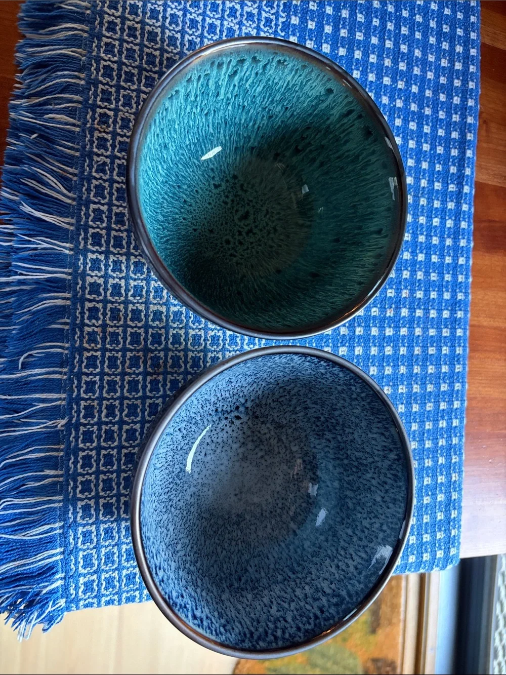 Reactive Glaze Ceramic Serving Bowls in Teal and Blue